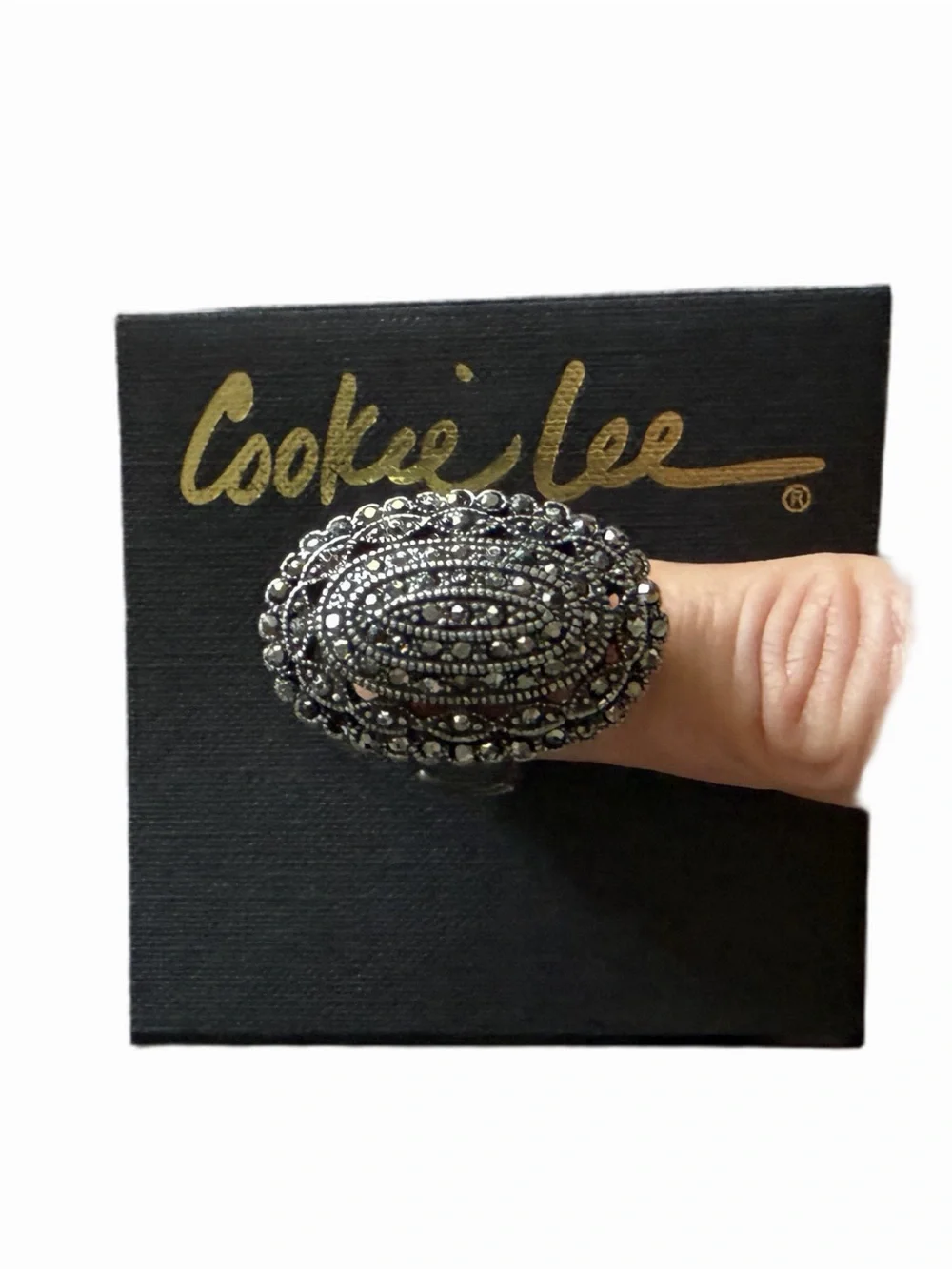 Cookie Lee Silver Tone Stretch Ring with Marcasite-Look Oval Statement Design